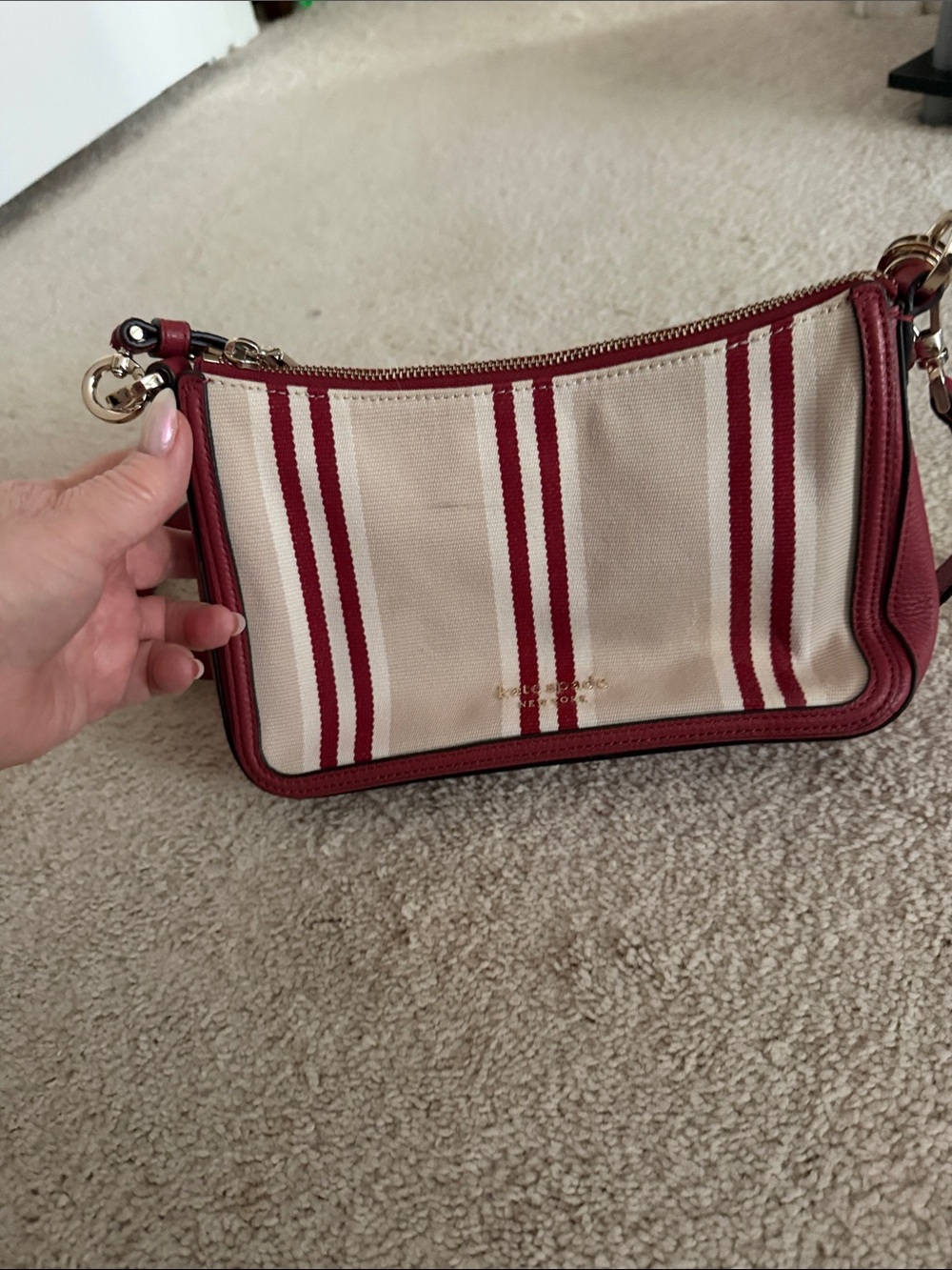 kate spade Cream Canvas Crossbody with Red Stripe and Red Trim